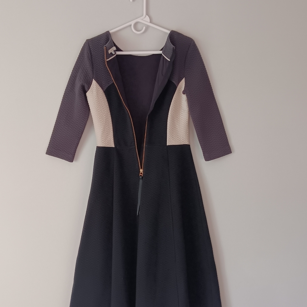 Boden Fit & Flare Dress Colorblock Ivory Black Grey Gold Textured Size 6 Long - Picture 4 of 12
